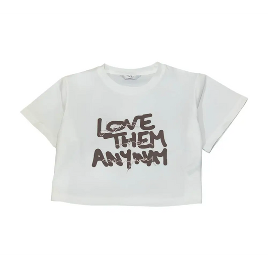 Maglietta corta bambina Yclù bianca con scritta Love Them Anyway stampata sul davanti