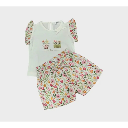 Completo Y-Clù con maglietta e pantaloni fiori bimba estivo in cotone leggero