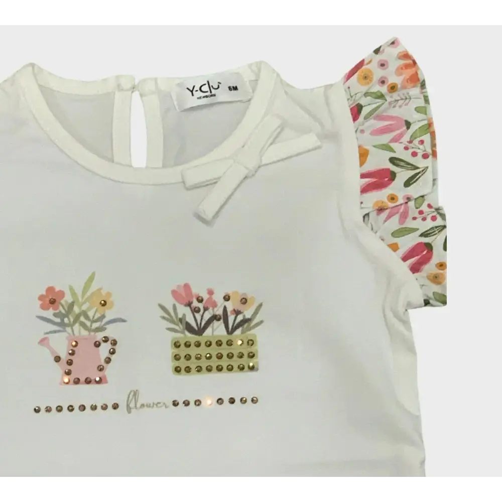 Completo Y-Clù con maglietta e pantaloni fiori bimba decorato con stampe floreali e dettagli strass