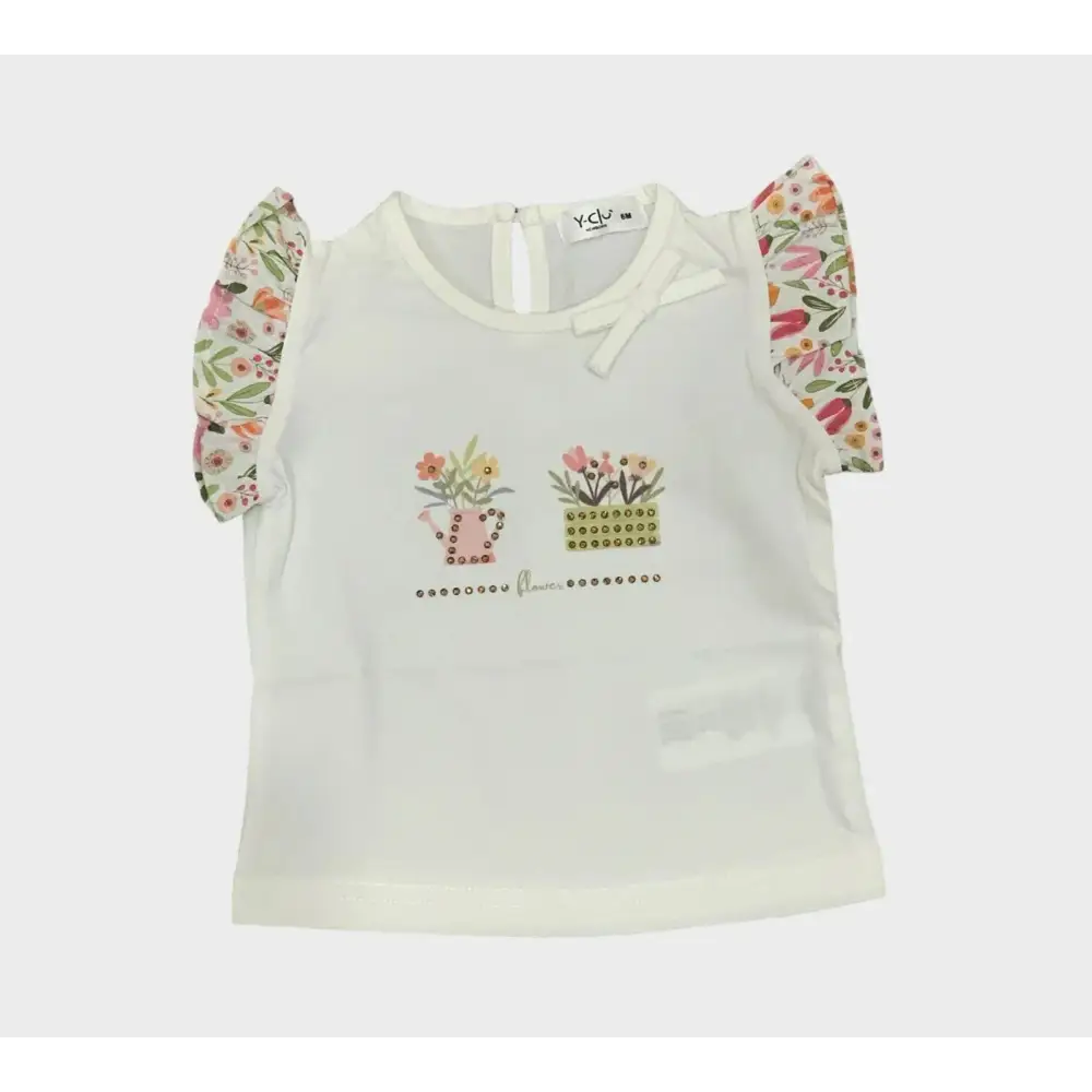 Maglietta bianca Y-Clù con maniche a volant e stampa fiori per maglietta e pantaloni fiori bimba