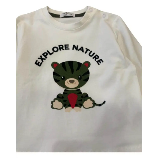 maglietta neonato Y-Clù bianca con stampa tigrotto verde davanti e scritta Explore Nature per neonati