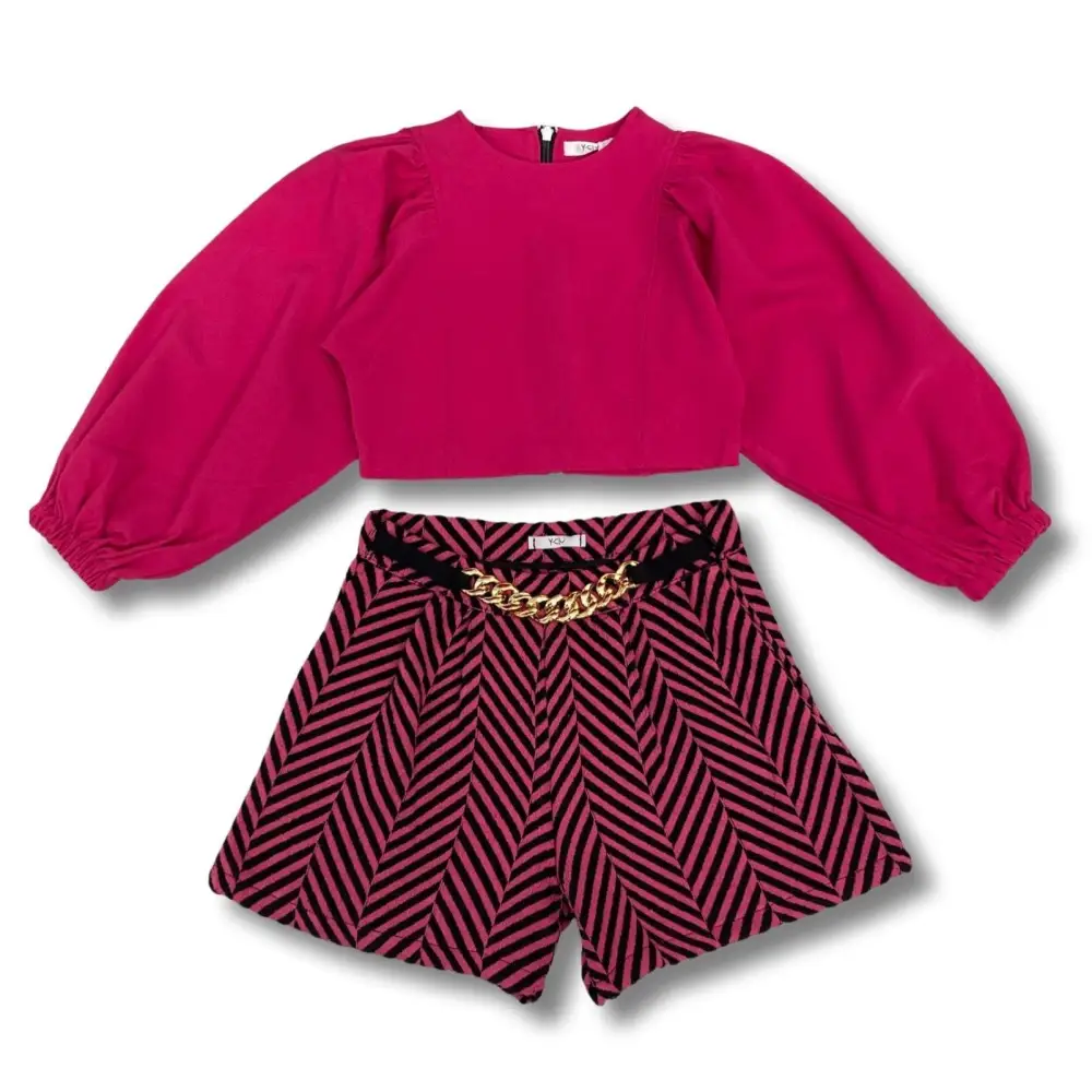 Completo bambina con blusa fucsia maniche a sbuffo e pantaloncini ragazza YCLU a righe nero e rosa con cintura dorata