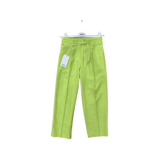 Pantaloni verdi bambina elastico vita in cotone verde lime a gamba dritta con piega e tasche