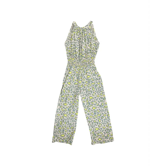 tuta maculata bambina Yclù in cotone leggero con stampa leopardata grigia e dettagli giallo fluo vita elasticizzata e gambe larghe