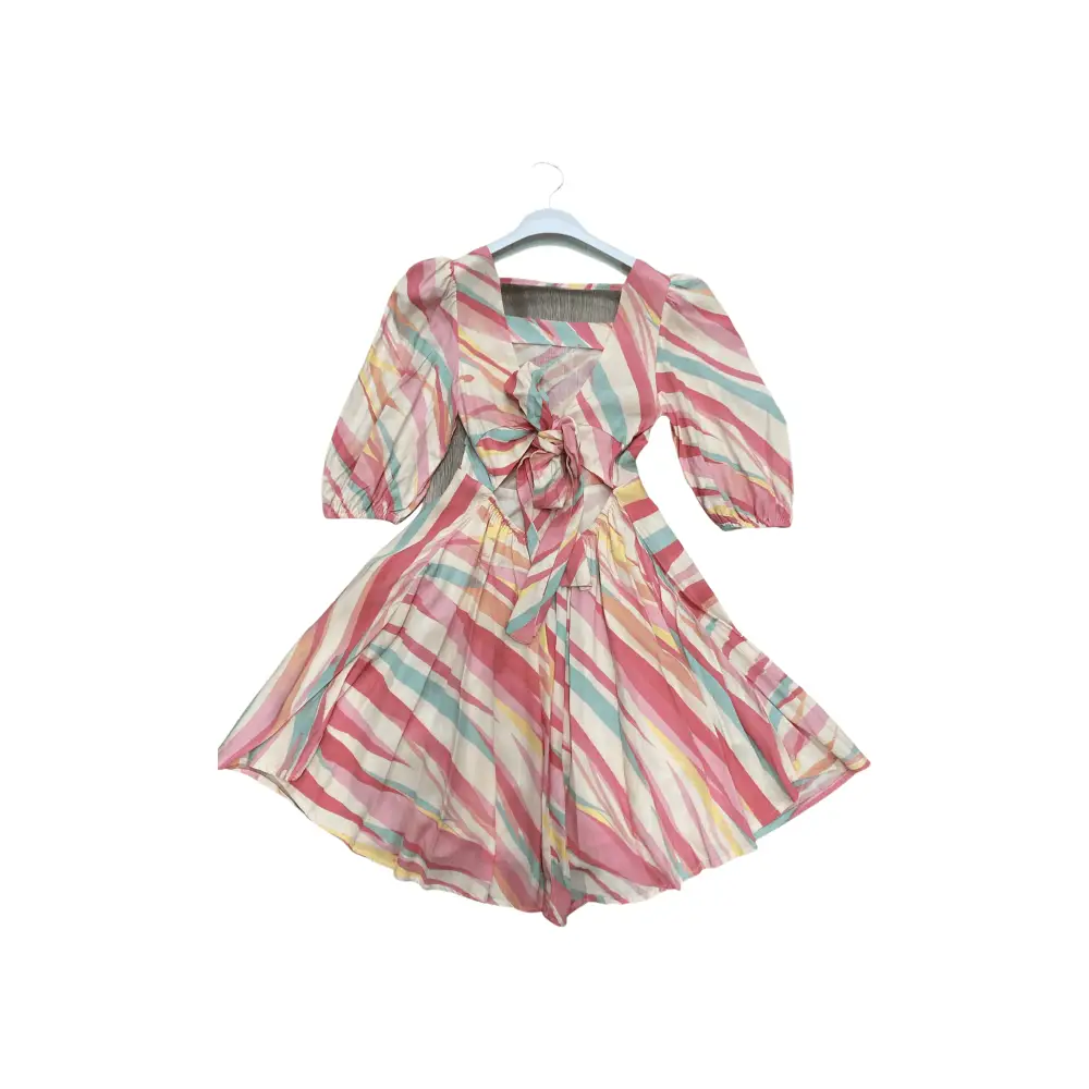 abito colorato bambina 8-16 anni in chiffon a righe pastello con maniche a sbuffo e fiocco sul davanti