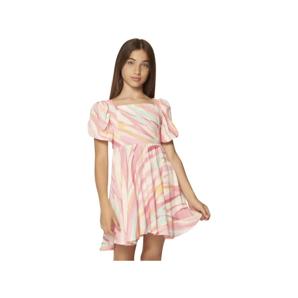 abito colorato bambina 8-16 anni Y-Clu abito corto a righe pastello con maniche a sbuffo scollatura quadrata e gonna svasata