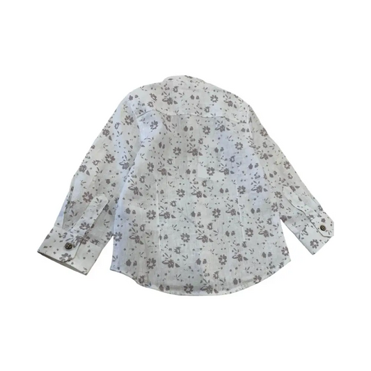 Camicia coreana bambino 3-7 anni bianca con stampa floreale grigia maniche lunghe e polsini con bottoni