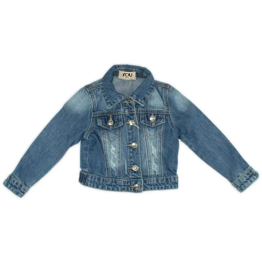 Giacca in jeans blu con bottoni metallici tasche frontali e colletto classico giacca denim bambino dal taglio comodo