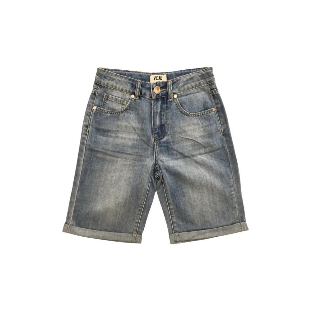 Pantalone jeans corti ragazzo regolabili YClu in denim blu slavato con cinque tasche e risvolto al ginocchio