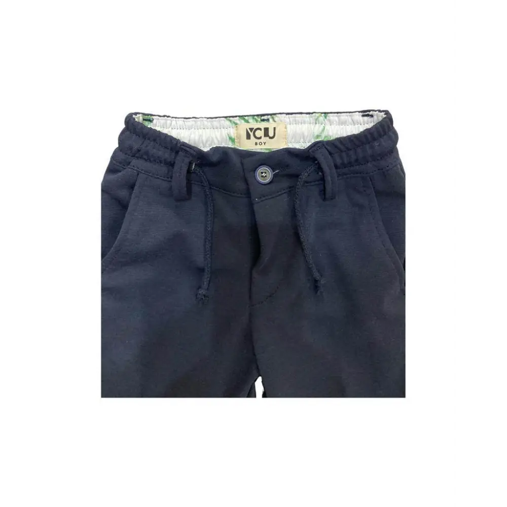 Pantaloni stretch bambino 3-7 anni in cotone blu scuro con vita elasticizzata coulisse bottone e tasche