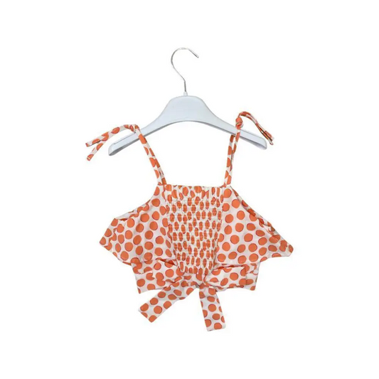 top pois bambina 3-7 anni arancio con corpetto arricciato, balza svasata e spalline annodate