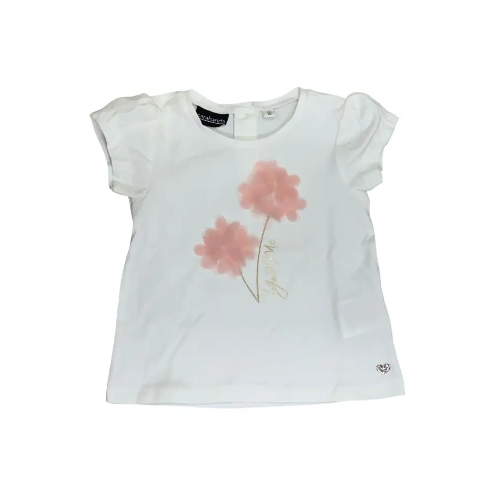 T-SHIRT COLORE LATTE CON I FIORI ROSA TULLE BAMBINA di Sarabanda con maniche corte leggere