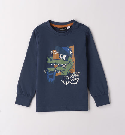 Maglietta bambino a maniche lunghe blu scura con disegno coccodrillo