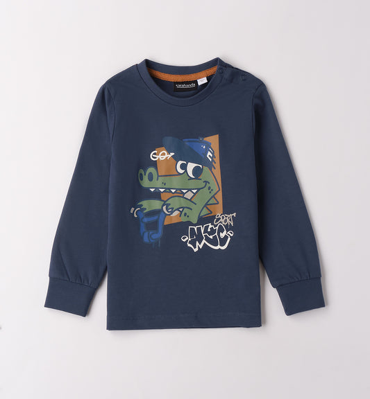 Maglietta bambino a maniche lunghe blu scura con disegno coccodrillo