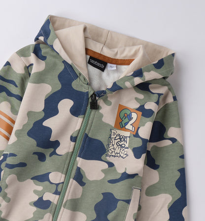 Felpa bambino a maniche lunghe con zip e cappuccio, fantasia militare