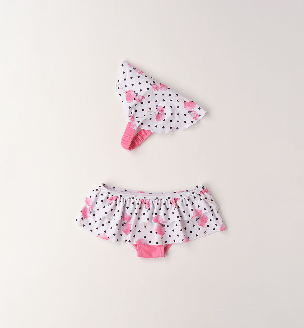 Set Costume e Bandana Bambina Bianco Rosa con Pois e Pellicani- Sarabanda