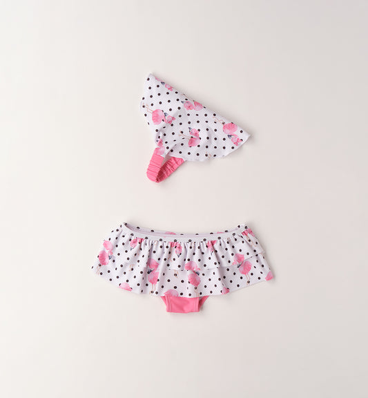 Set Costume e Bandana Bambina Bianco Rosa con Pois e Pellicani- Sarabanda