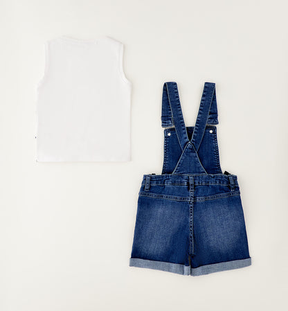 Completo Bambina 2 Pezzi Salopette Jeans e Top Cuori - Sarabanda - OOPS by BabyBimbo 0-16