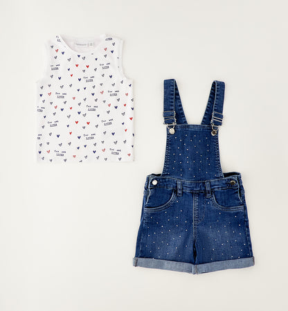 Completo Bambina 2 Pezzi Salopette Jeans e Top Cuori - Sarabanda - OOPS by BabyBimbo 0-16