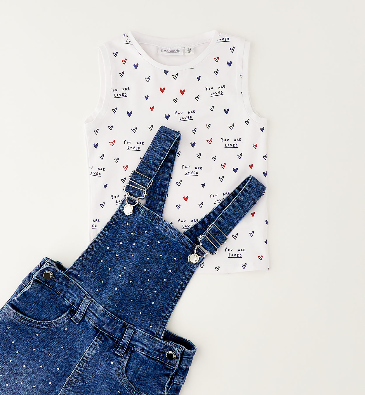 Completo Bambina 2 Pezzi Salopette Jeans e Top Cuori - Sarabanda - OOPS by BabyBimbo 0-16