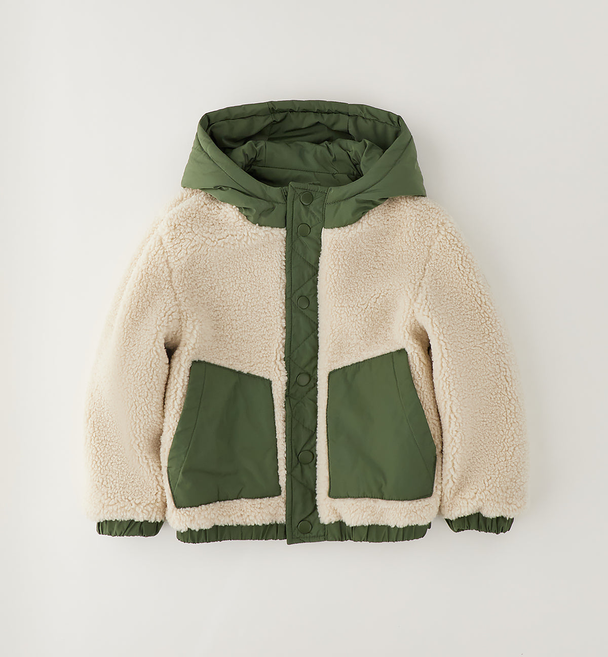 Giubbotto Reversibile Verde Bambino Foderato con Cappuccio e Bottoni a Pressione