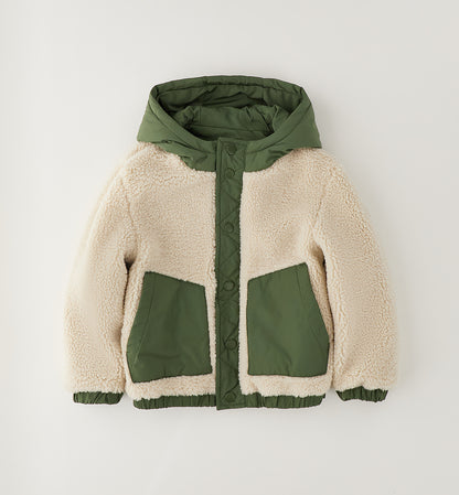 Giubbotto Reversibile Verde Bambino Foderato con Cappuccio e Bottoni a Pressione