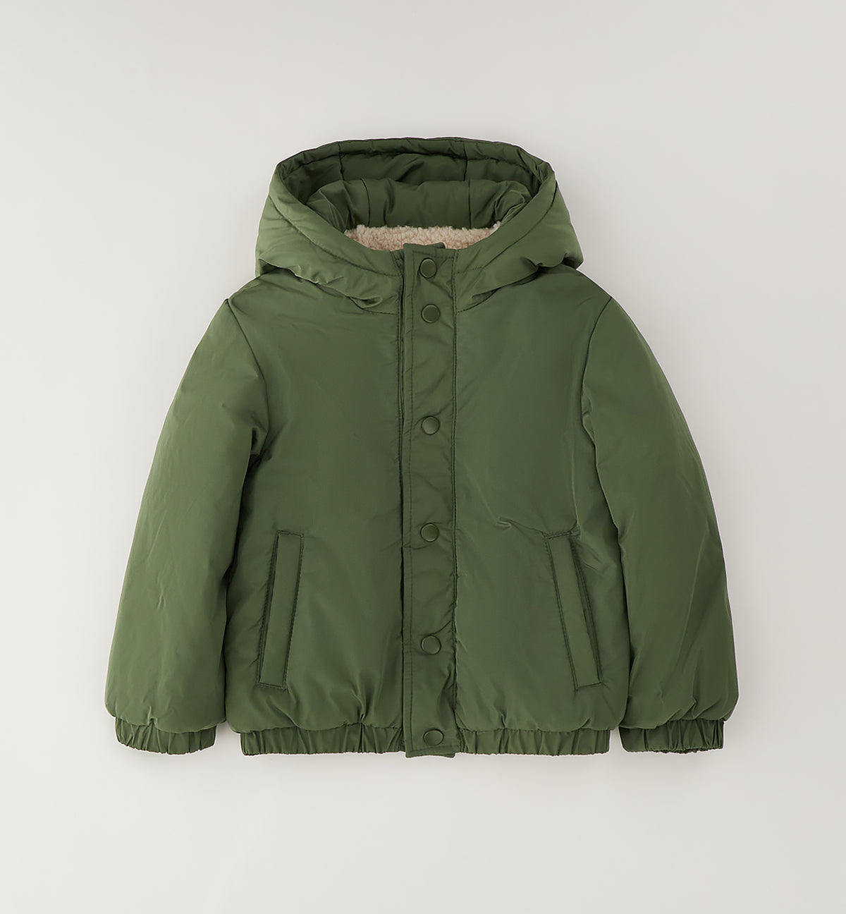 Giubbotto Reversibile Verde Bambino Foderato con Cappuccio e Bottoni a Pressione