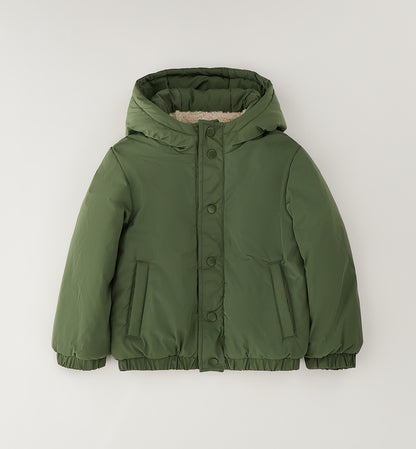 Giubbotto Reversibile Verde Bambino Foderato con Cappuccio e Bottoni a Pressione
