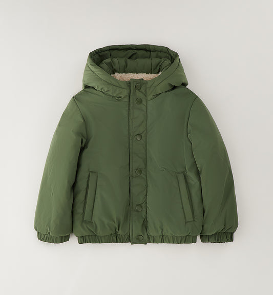 Giubbotto Reversibile Verde Bambino Foderato con Cappuccio e Bottoni a Pressione