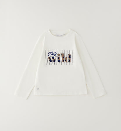 T-Shirt Sarabanda Bambina Off White con Stampa e Brillantini