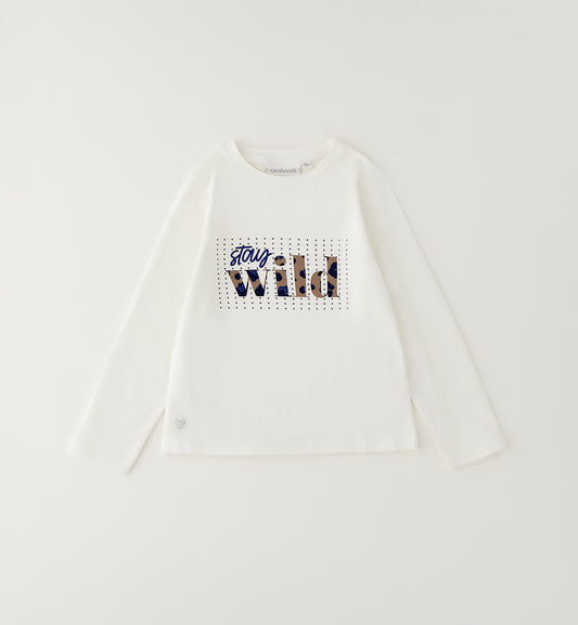 T-Shirt Sarabanda Bambina Off White con Stampa e Brillantini