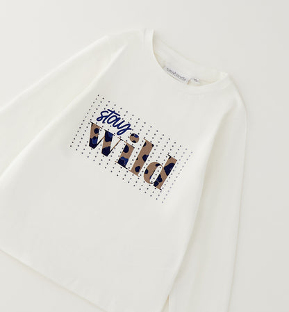 T-Shirt Sarabanda Bambina Off White con Stampa e Brillantini