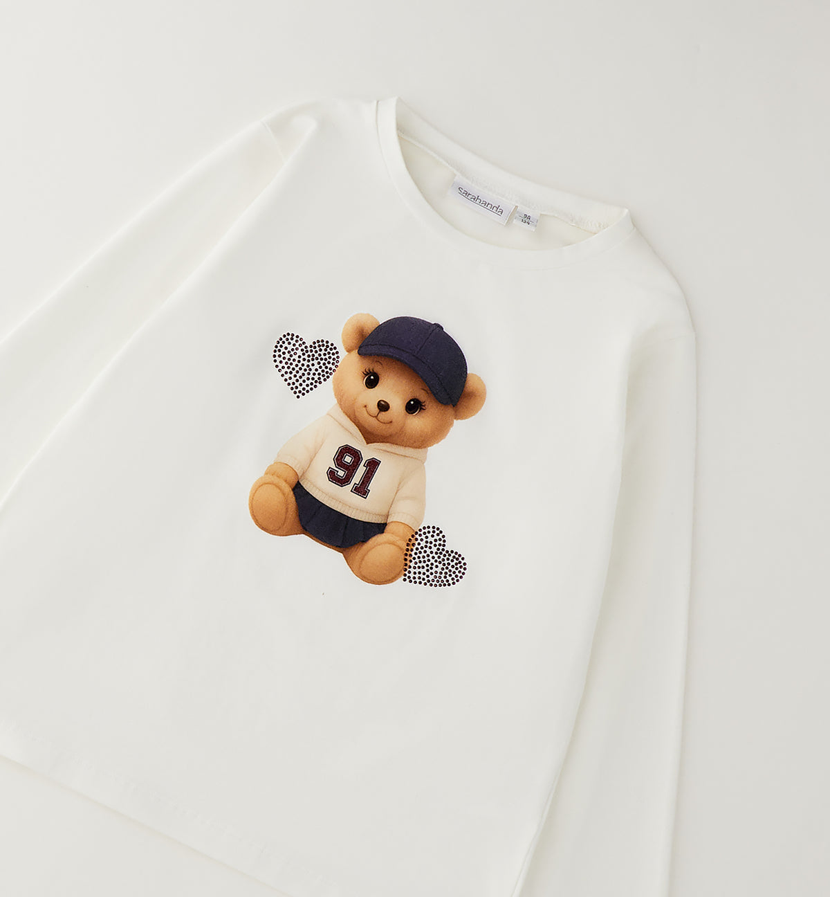Maglietta Bambina Sarabanda Off White con Orso e Cuore con Brillantini