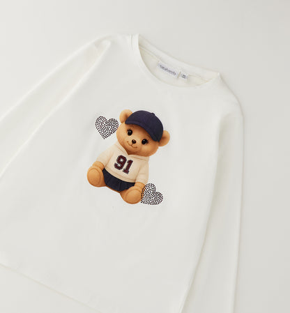 Maglietta Bambina Sarabanda Off White con Orso e Cuore con Brillantini