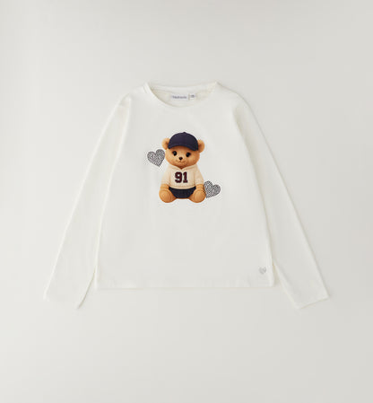 Maglietta Bambina Sarabanda Off White con Orso e Cuore con Brillantini