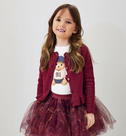 Cardigan Bambina Sarabanda Bordeaux con Filo Lurex – Girocollo e Bottoni