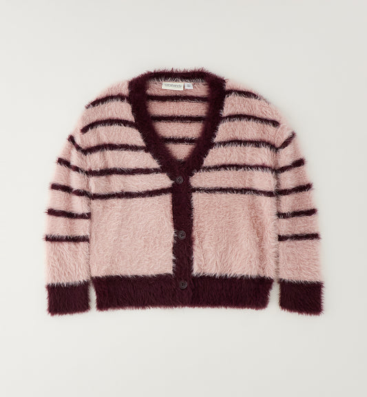 Cardigan Bambina Sarabanda Rosa a Righe Bordeaux con Bottoni e Collo a V