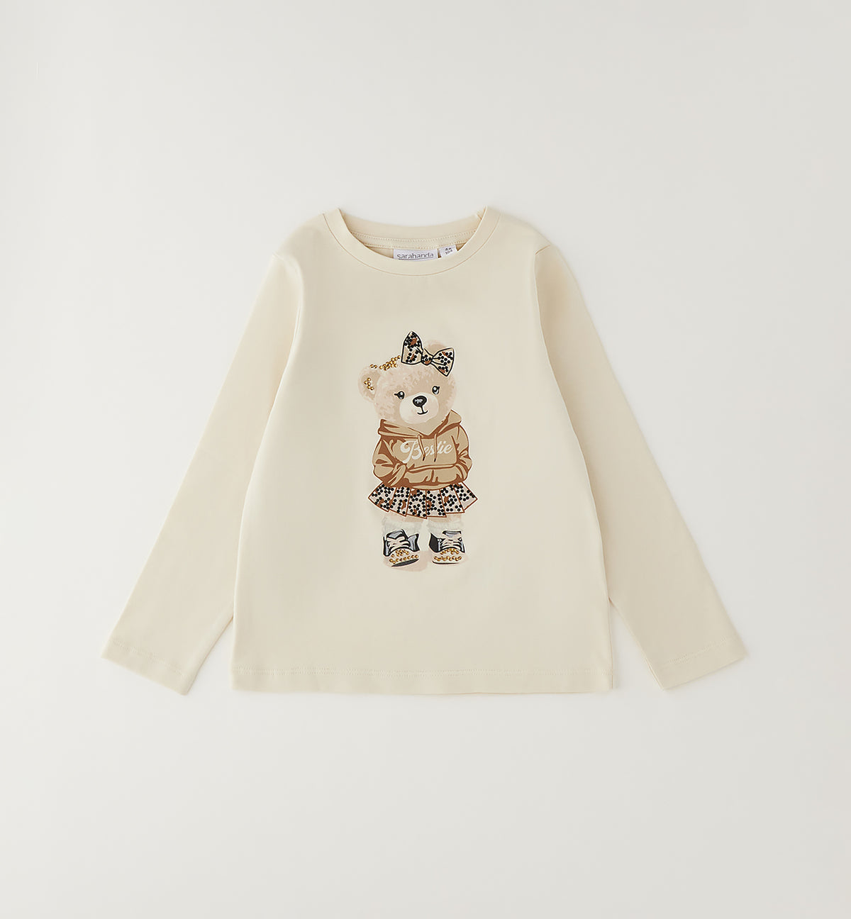 Maglietta Bambina Sarabanda Beige con Orso e Brilliantini – Girocollo