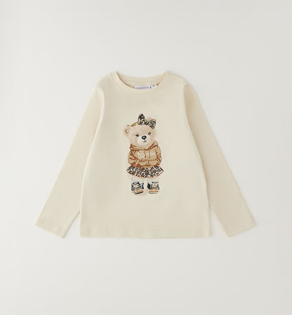 Maglietta Bambina Sarabanda Beige con Orso e Brilliantini – Girocollo