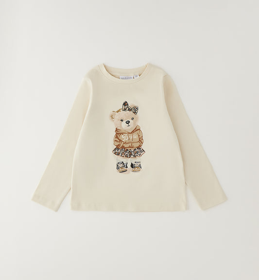 Maglietta Bambina Sarabanda Beige con Orso e Brilliantini – Girocollo