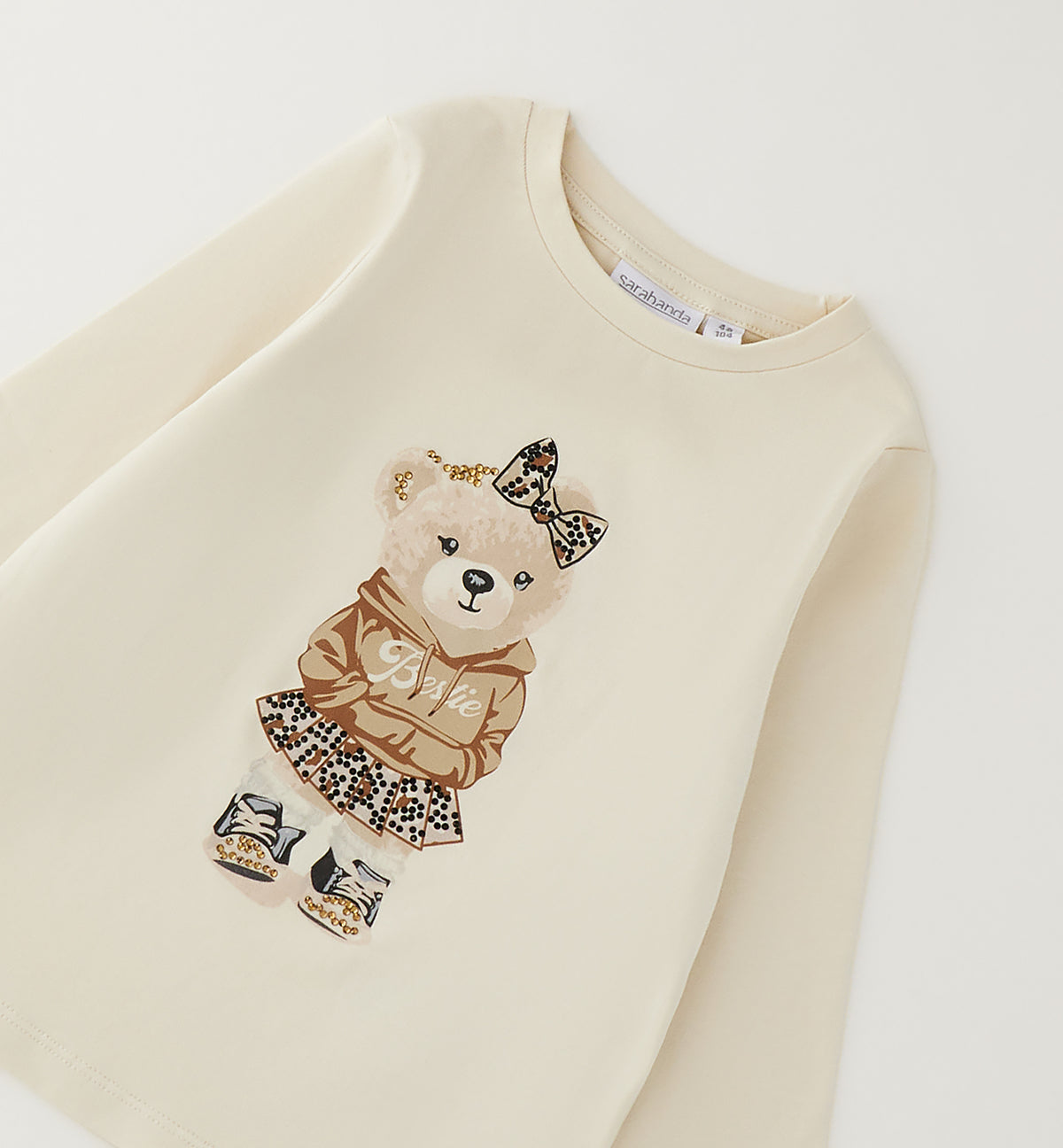 Maglietta Bambina Sarabanda Beige con Orso e Brilliantini – Girocollo