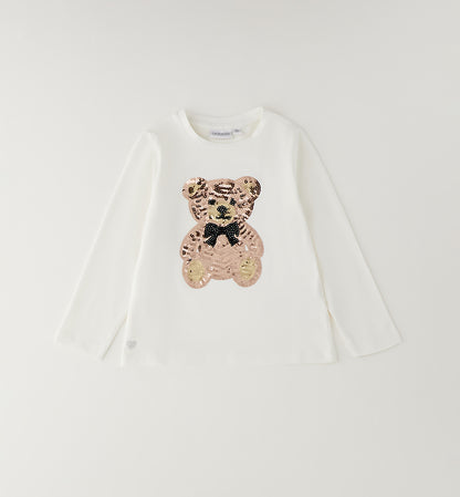 Maglietta Bambina Sarabanda Panna con Orso in Paillettes Rose Gold
