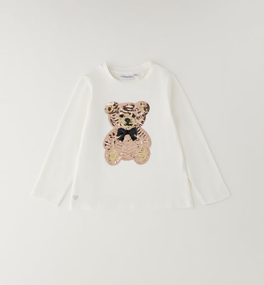 Maglietta Bambina Sarabanda Panna con Orso in Paillettes Rose Gold
