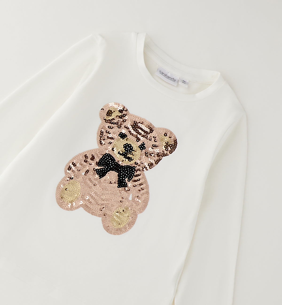 Maglietta Bambina Sarabanda Panna con Orso in Paillettes Rose Gold