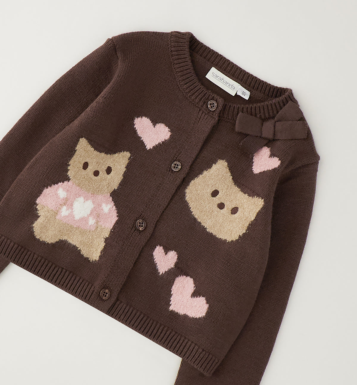 Cardigan Bambina Sarabanda Marrone Morbido con Orsetto Beige e Rosa