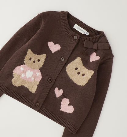 Cardigan Bambina Sarabanda Marrone Morbido con Orsetto Beige e Rosa