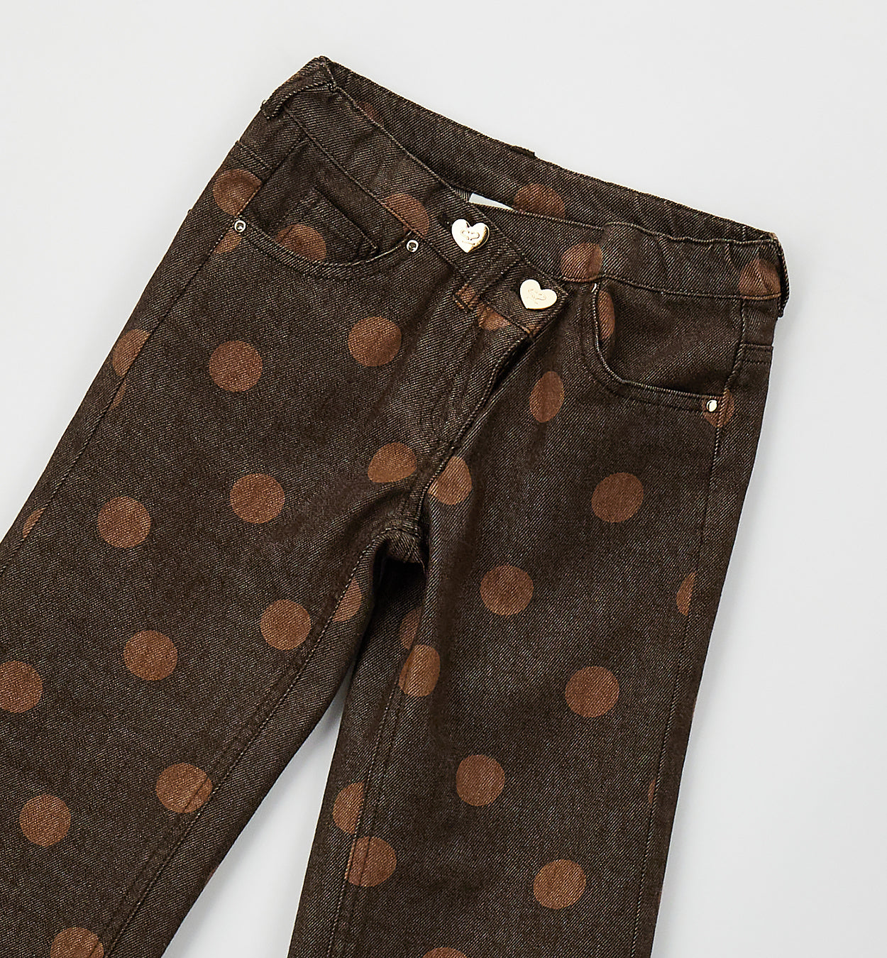 Pantalone Bambina Denim Marrone a Pois – Modello Largo con Bottoni Cuore