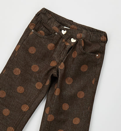 Pantalone Bambina Denim Marrone a Pois – Modello Largo con Bottoni Cuore