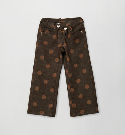Pantalone Bambina Denim Marrone a Pois – Modello Largo con Bottoni Cuore