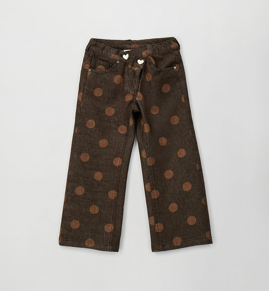 Pantalone Bambina Denim Marrone a Pois – Modello Largo con Bottoni Cuore
